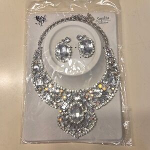 Sophia Collection Rhinestone‎ Statement Necklace & Earrings Set Silver Tone